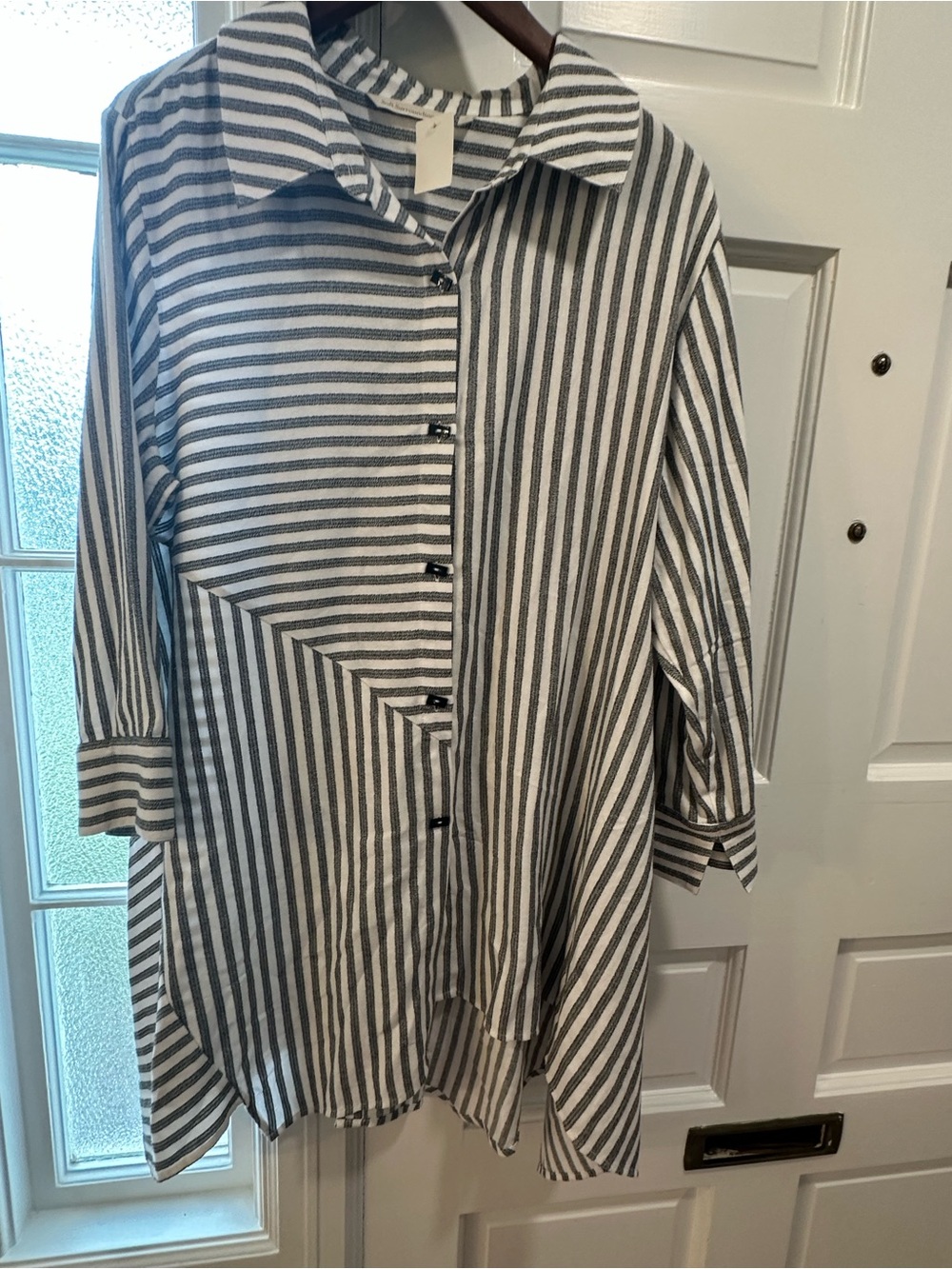 Striped Button-Front Tunic Shirt in Black and White coastal grandma boho